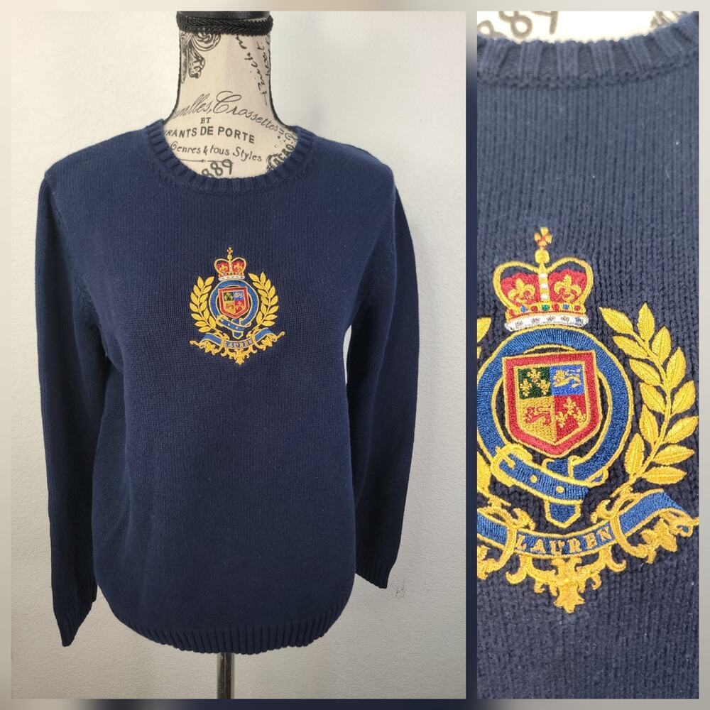 Vtg Lauren Ralph Lauren Knit Sweater M Crown Crest Old Money Y2K Academia Preppy
